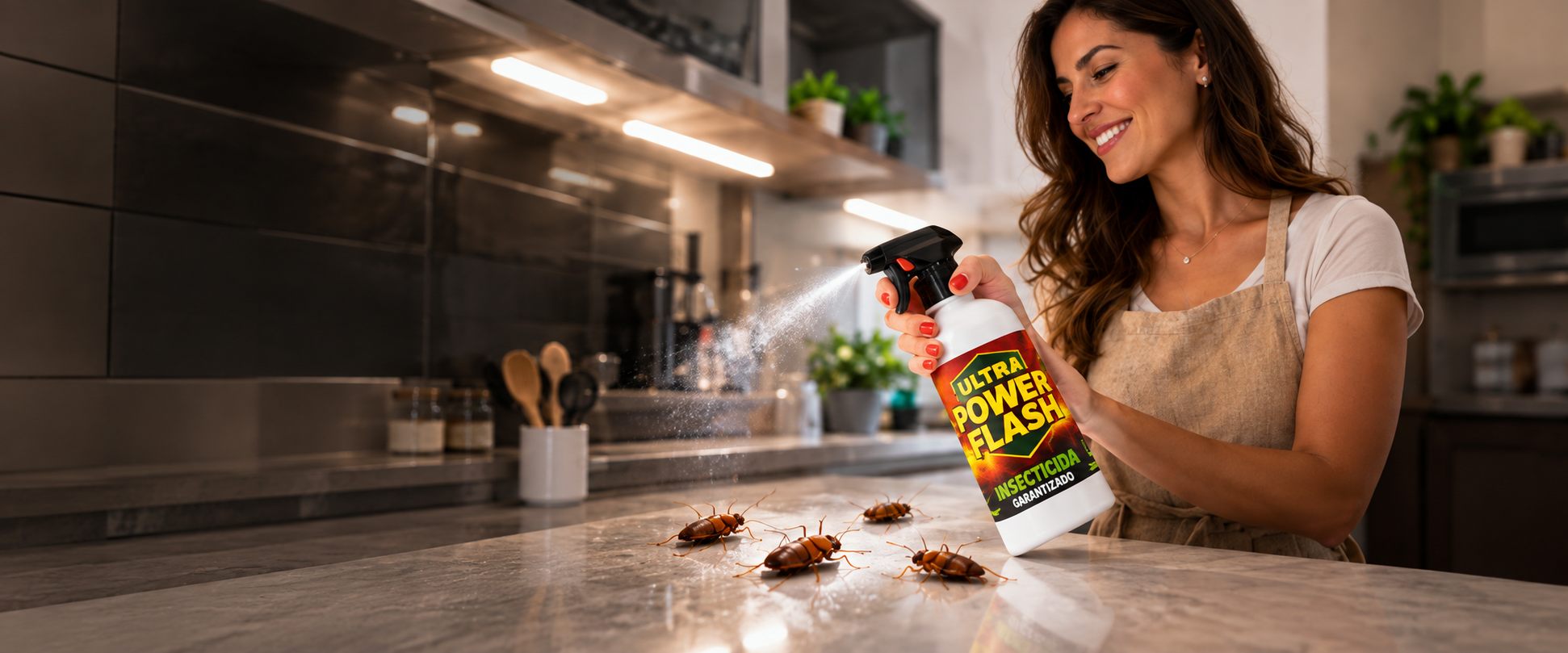 Mujer usando Ultra Power Flash en su cocina